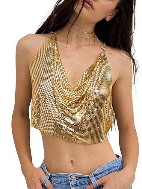 Simplee Apparel Womens Sexy Chain Halter Sleeveless Backless Metal