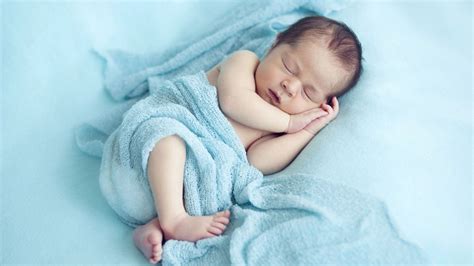 Cute Baby Child Is Sleeping On Light Blue Cloth Covering With Towel Hd