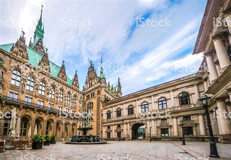 Beautiful View Of Famous Hamburg Town Hall With Hygieia Fountain From
