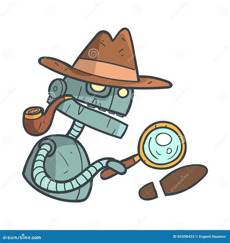 Private Detective Blue Robot With Magnifying Glass And Pipe Cartoon