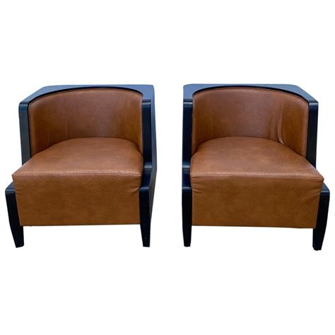 Pair Of Art Deco Black Lacquered And Leather Chairs At 1stdibs