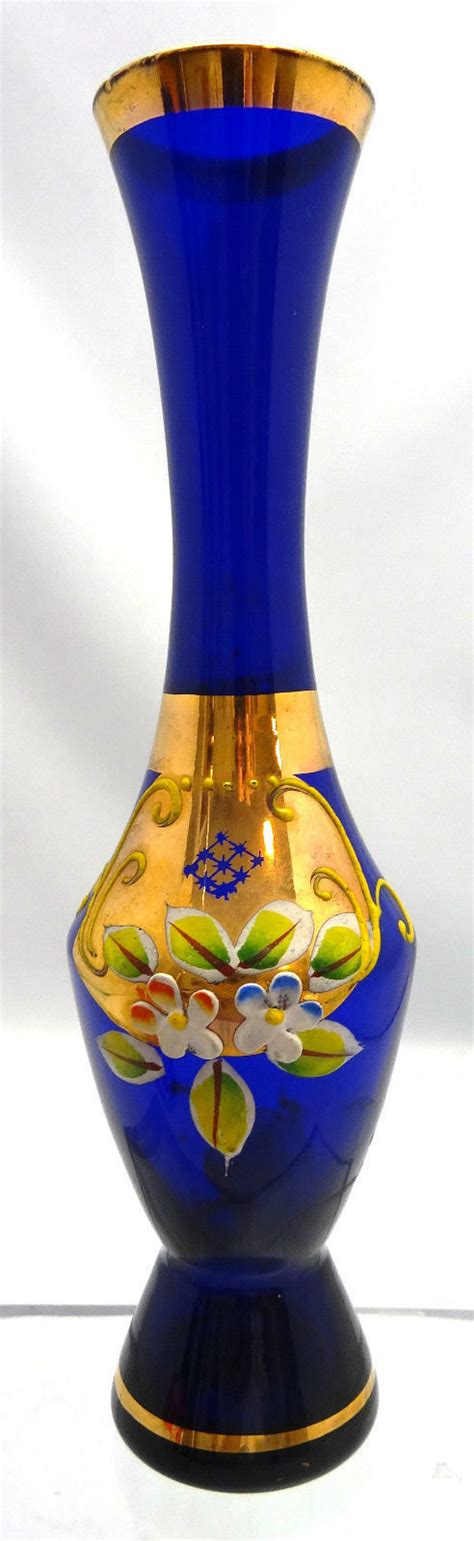 Vintage Bohemian Art Glass Bud Vase Vintage Cobalt Blue Enamel Floral Design Vase With Gold