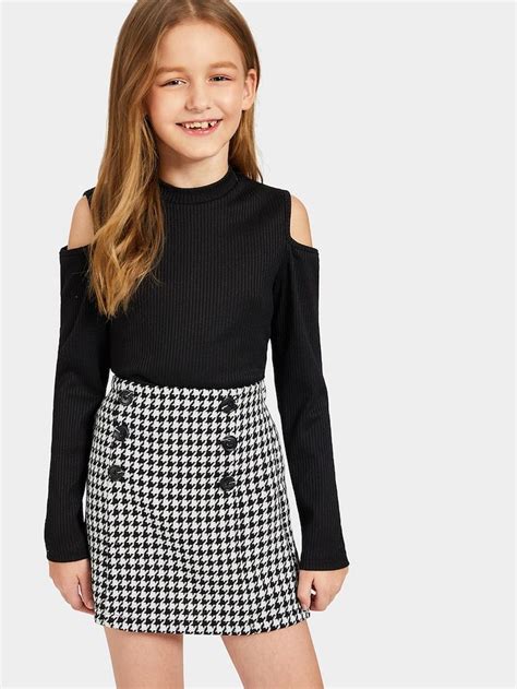 Shein Girls Cold Shoulder Rib Knit Tee And Houndstooth Skirt Set