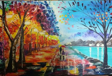 Oil Painting Night Walk Contemporary Palette Knife Art