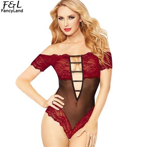 Sexy Lingerie Women Catsuit Slash Neck Mesh See Through Hollow Out Sexy