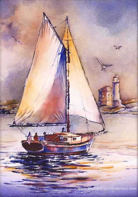Sailboat Watercolor Painting Prints Lighthouse Art Sailing Past Ba