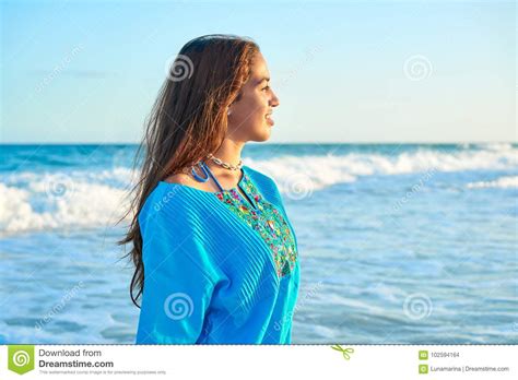 Latin Beautiful Girl In Caribbean Beach Sunset Stock Photo Image Of