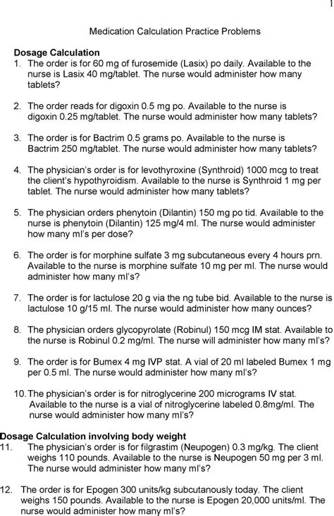 Printable Nursing Dosage Calculation Practice Worksheets