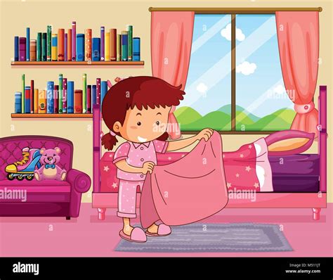 girl making bed in bedroom illustration stock vector image and art alamy