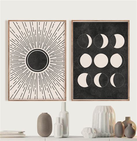 Sun And Moon Print Set Of 2 Mid Century Sunburst And Moon Art Print