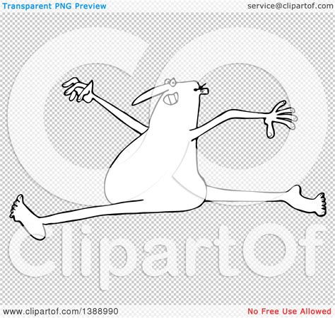 Clipart Of A Cartoon Black And White Lineart Carefree Nude Man Leaping Royalty Free Vector