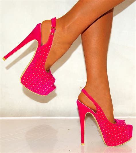 Women Bright Fuschia Hot Pink Slingbacks Stud Platforms High Heel Shoes
