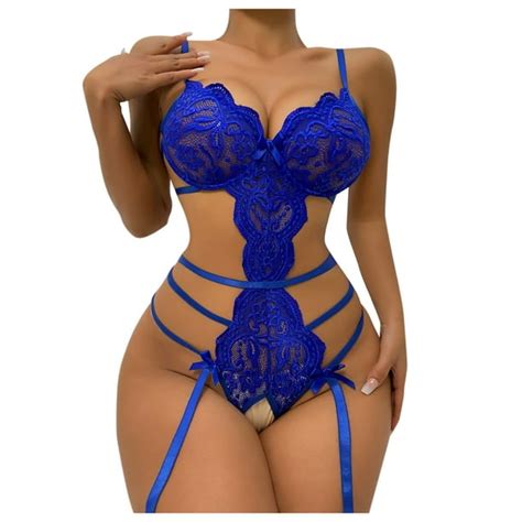 Ydkzymd Womens Blue Lingerie Strappy One Piece Suit Crotchless Nightdress Lace Sexy Plus Size