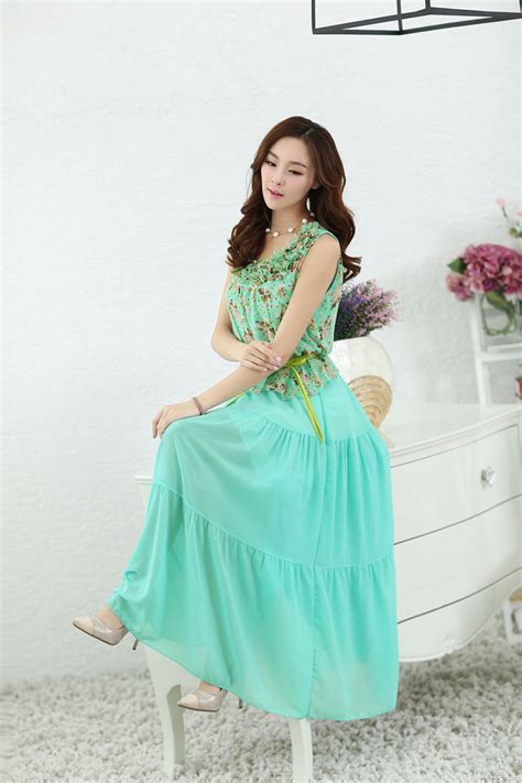 Elegant Korean Casual Women Floral Printing Green Chiffon Maxi Dress