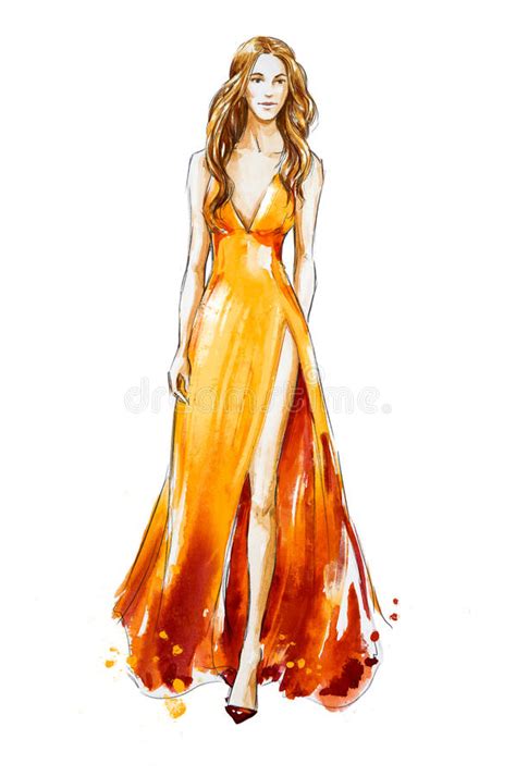 Watercolor Fashion Illustration Girl In A Dress Vector Illustration