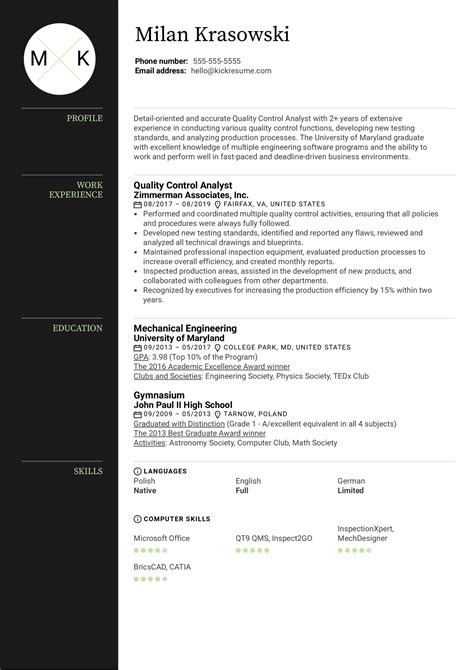 By following this example, you will see how to write your professional summary, what information is key to your core qualifications. Quality Control Analyst Resume Example | Kickresume