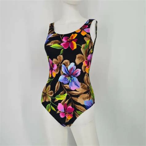 Vintage One Piece Catalina Ribbed Swimsuit Bathing Suit Black Floral Sz