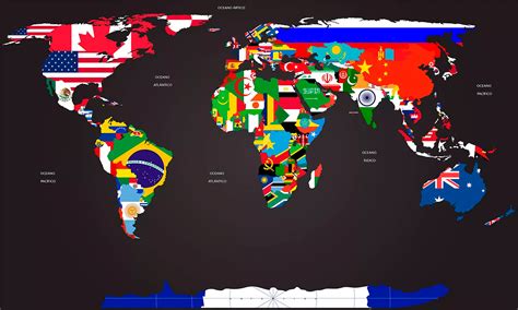 Papel De Parede Mapa Mundi Com Bandeiras E Nomes Dos Países