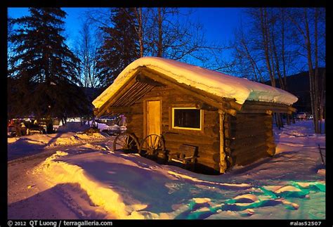 Picturephoto Snowy Log Cabin At Night Chena Hot Springs Alaska Usa