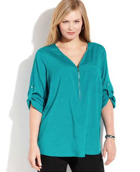 Calvin Klein Plus Size Roll Tab Sleeve Zip Front Blouse In Green Lyst