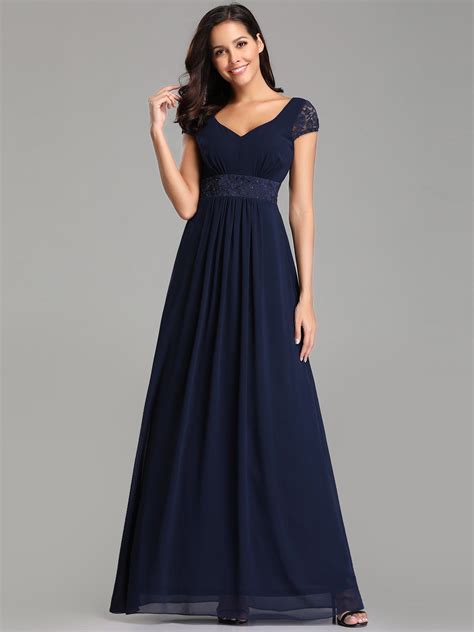 Long Navy Blue Evening Dress With Empire Waist Blue Evening Dresses