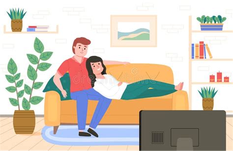 Couple On Sofa Guy With Girl Watching Movie Together In Room Interior People Looking At Tv