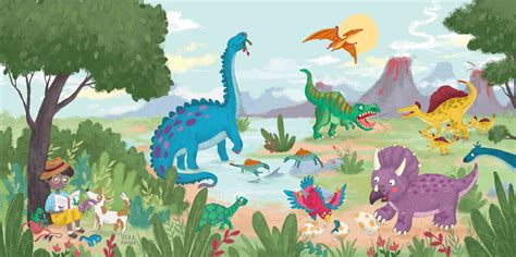 Dinosaurs Dino Turtle Pterodactyl Tyrannosaur Diplodocus Jungle Jurassic World Boy Illustration ...