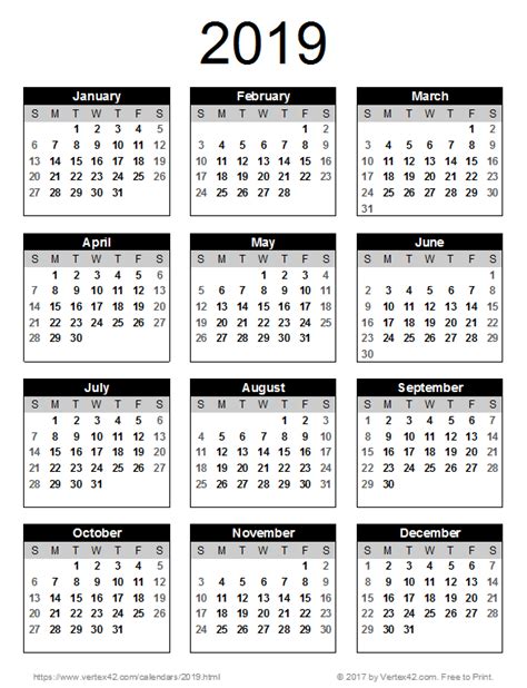 2019 Printable Calendar Templates Online