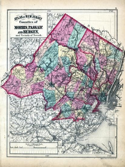 1873 Morris Passaic And Bergen Counties Map New Jersey United