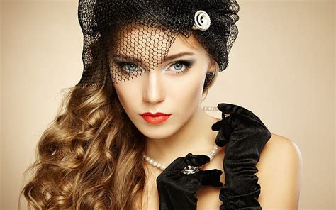 Women Face Brunette Pearl Necklace Portrait Gloves Hat Long Hair