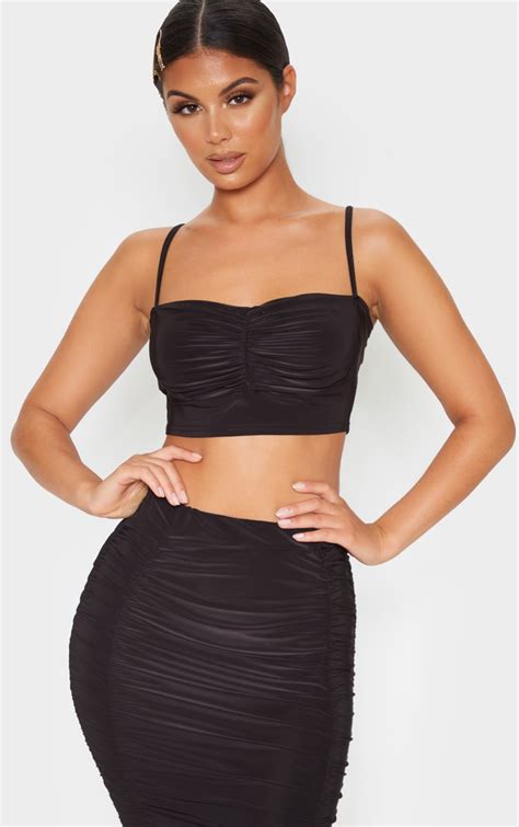 Black Slinky Ruched Front Detail Strappy Crop Top Prettylittlething Usa