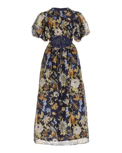 Sir The Label Lilian Puff Sleeve Cutout Floral Linen Silk Midi Dress In Print Blue Lyst Canada