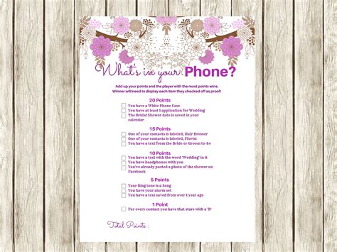 Baby shower game in three different colors. Purple Modern What's in your Phone Bridal shower game ...