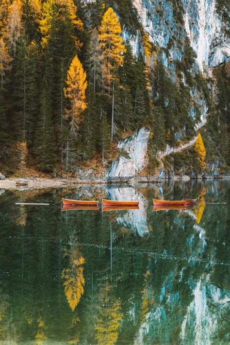Lago Di Braies In Fall Dolomites South Tyrol Italy Stock Image
