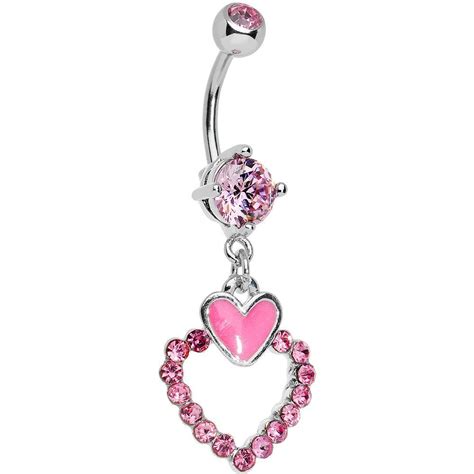 pink gem solid and hollow heart dangle belly ring pink gemstones ring