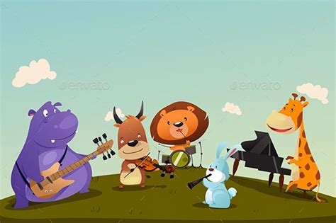 Animals Playing Music Instrument In A Band Music Illustration