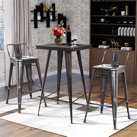 Veryke 3 Piece Vintage Bar Stools With Metal Table Low Back Rustic