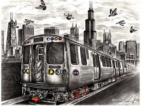 Chicago Cta Train Drawing 18x24 Inch Print Direct From