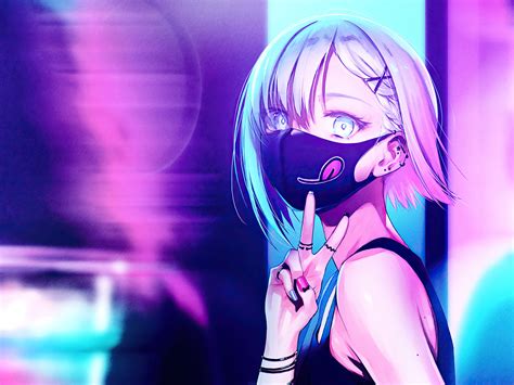 1024x768 Anime Girl City Lights Neon Face Mask 4k 1024x768 Resolution