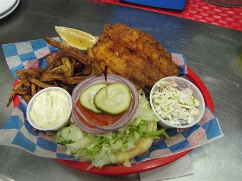 Fried Grouper Sandwich With Sweet Slaw Home Made Fries And Hush Pups