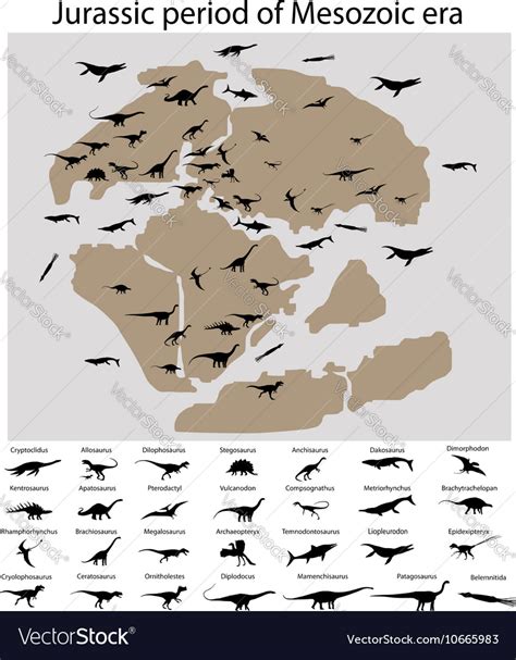 Dinosaurs Of Jurassic Period On Map Royalty Free Vector
