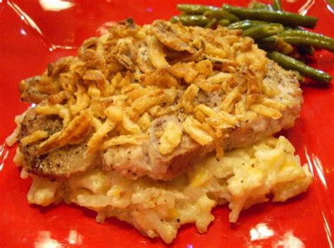 Add the hash browns and chopped onion; Potato Pork Chop Casserole Recipe | Just A Pinch Recipes