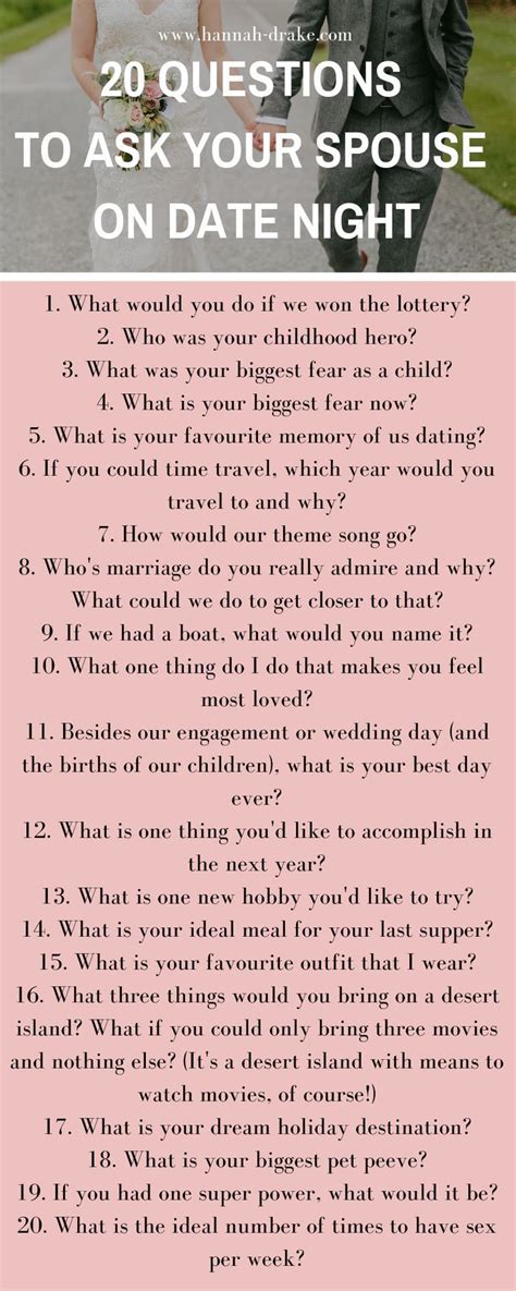 a pink poster with the words 20 questions to ask your spouse on date night