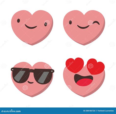 Set Of Four Heart Shaped Emoticons Vector Emoji Heads In The Shape Of
