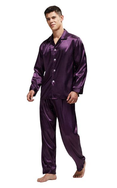 Mens Silk Satin Pajama Set Long Sleeve Dark Purple With Black Piping