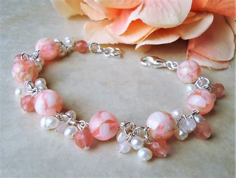 Pink Mother Of Pearl Gemstone Cluster Bracelet White Etsy