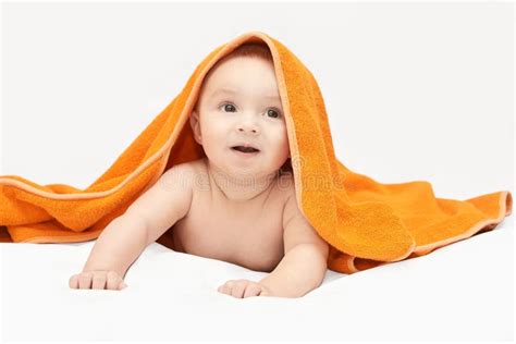 Cute Little Baby Under Bath Towel Happy Kid Portrait Stock Image