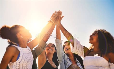We Girls Always Have Each Others Back A Group Of Girlfriends High Fiving Stock Image Image