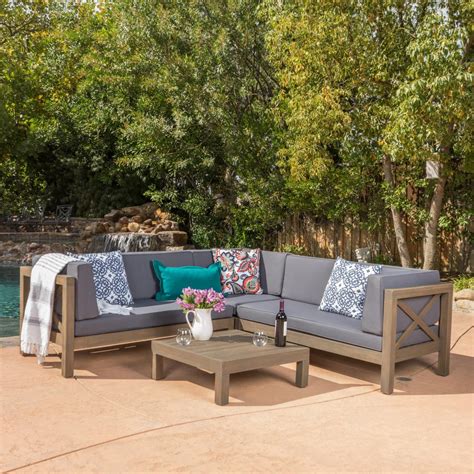 Noble House Brava Grey 4 Piece Wood Outdoor Sectional Set With Dark