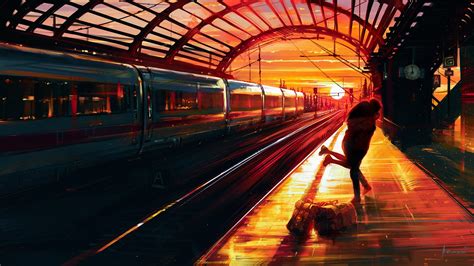Wallpaper Id 162520 Aenami Women Train Station Sunset Painting